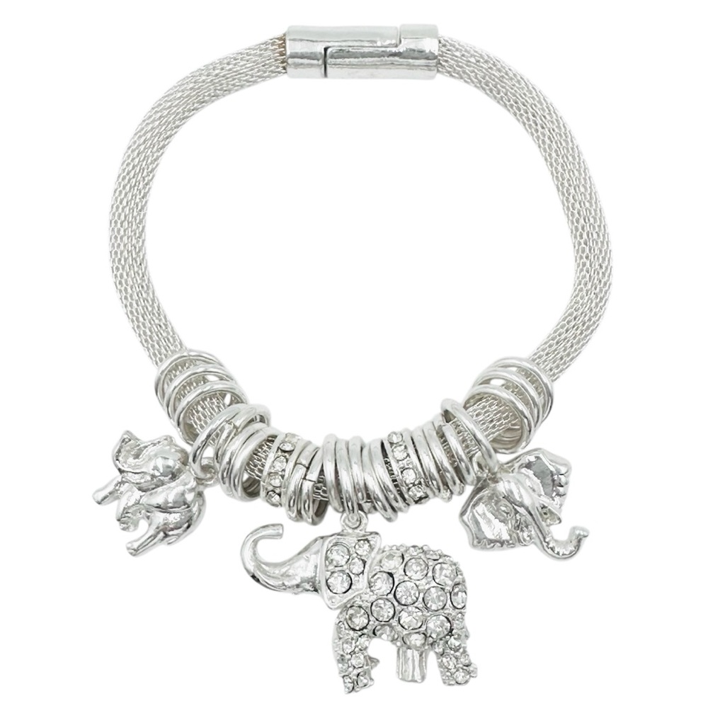 Elephant Charm Slide Silver Tone Tube Bracelet